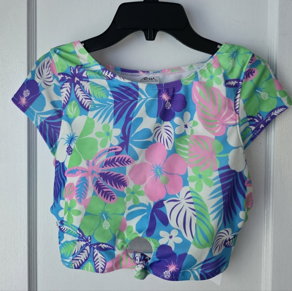 Endless Waves Tropical Pink Green Open Back Swim Top S/2-4